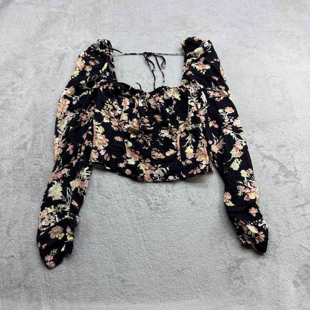 Free People Blouse Womens S Black Floral Long Sleeve Smocked Crop Boho Peasant